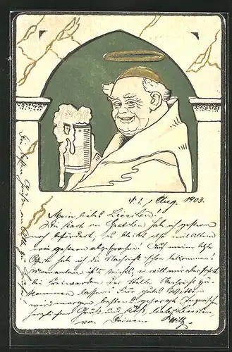 Präge-AK Mönch mit Heiligenschein und Bier