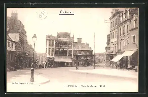 AK Flers, Place Gambetta, Ortspartie