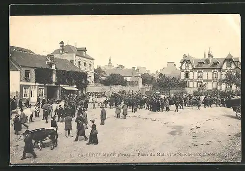 AK La Ferte-Mace, Place du Midi et le Marche-aux Chevaux