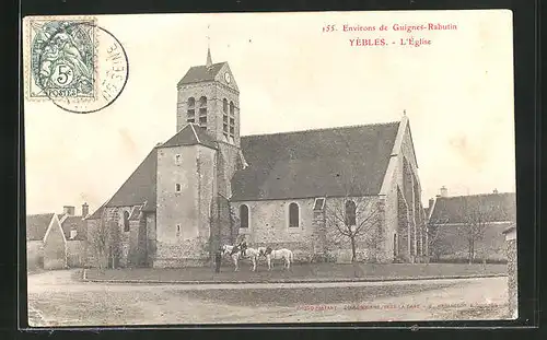 AK Yèbles, L`Église, Reiter vor der Kirche