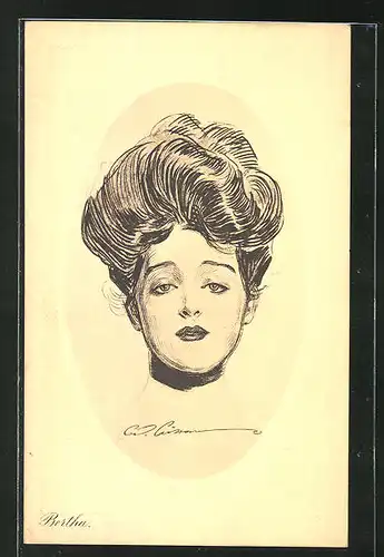 Künstler-AK Charles Dana Gibson: Frau mit Hochsteckfrisur im Passepartout-Rahmen, Bertha