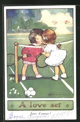 Künstler-AK Agnes Richardson: Kleine Tennisspieler küssen sich über dem Netz