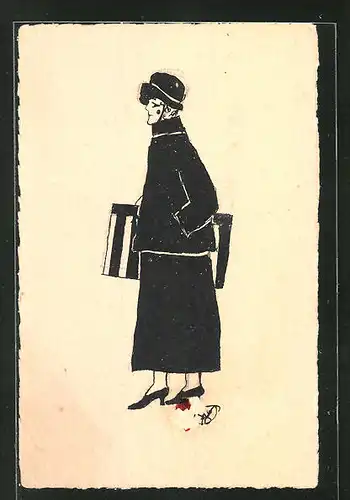 Künstler-AK Handgemalt: Frau mit Tasche und Hut