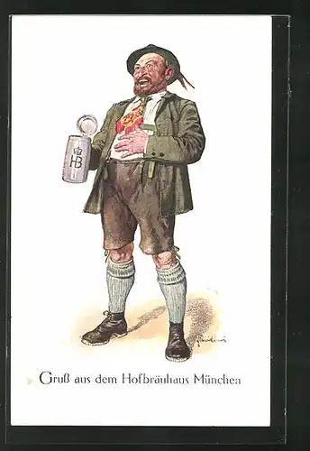 Künstler-AK Fritz Quidenus: Mann mit Hut und Bierkrug