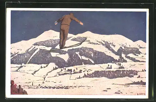 Künstler-AK Otto Barth: Skispringer im Flug