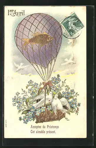 Präge-AK Ballon transportiert Veilchen und weisse Tauben in einem Korb, 1. April