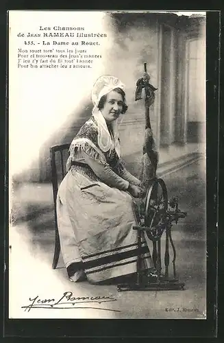 AK Frau in Tracht sitzt am Spinnrad