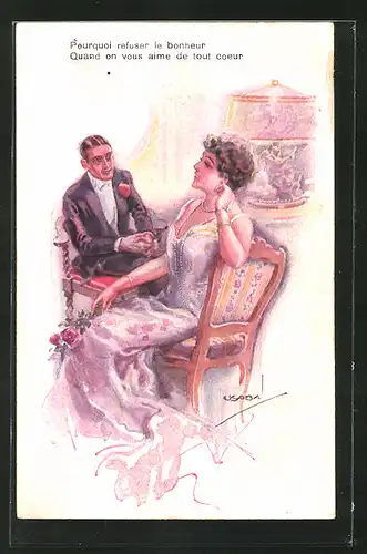 Künstler-AK Clarence F. Underwood: Mann und Frau mit Blumen