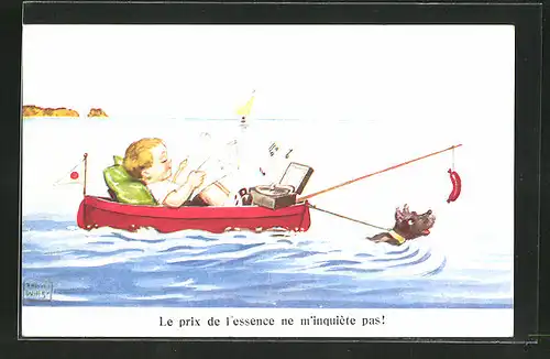Künstler-AK John Wills: Junge mit Hund und Wurst am Stock in einem Boot