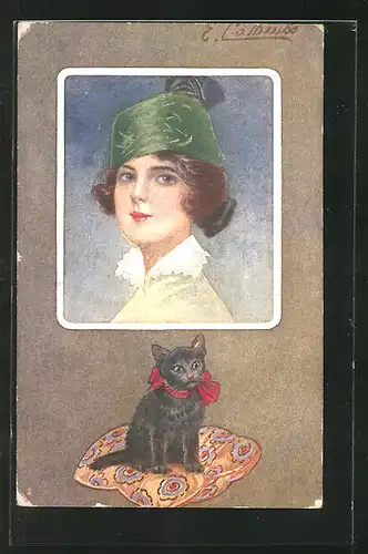 Künstler-AK E. Colombo: Frau mit Hut und Katze