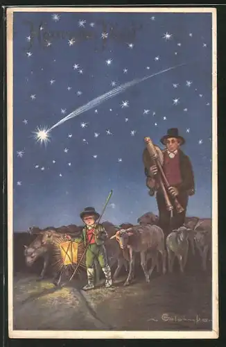 Präge-Künstler-AK E. Colombo: Hirte und kleiner Junge mit Laterne und Herde, Weihnachtsgruss