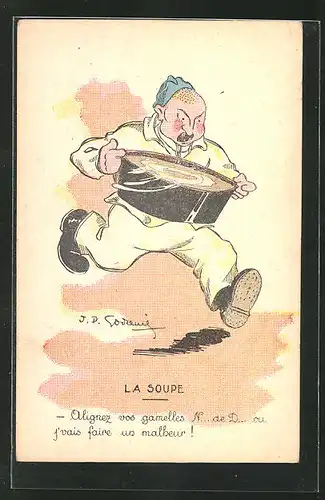 Künstler-AK sign. Godrenil: La Soupe, Mann mit einer Suppenschüssel