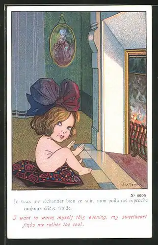 Künstler-AK sign. S. Gibson: Kleines Mädchen nackt vor dem Kamin sitzend