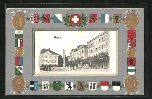 Präge-AK Ruswil, Ortsmitte mit Wappen und Denkmälern