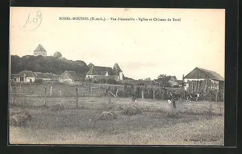 AK Sorel-Moussel, Vue d` ensemble - Eglise et Chateau de Sorel