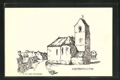 Künstler-AK Chevrainvilliers, Ortsansicht mit Kirche, L'Eglise