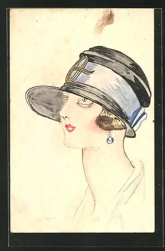 Künstler-AK Handgemalt: Damenportrait mit Hut und Ohrring