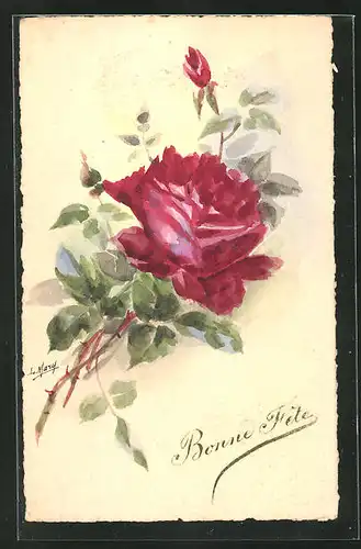 Künstler-AK Handgemalt: Rosenzweig mit grosser roter Blüte