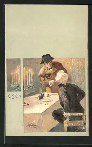 Künstler-AK Leopoldo Metlicovitz: Tosca, Herr bei Tisch