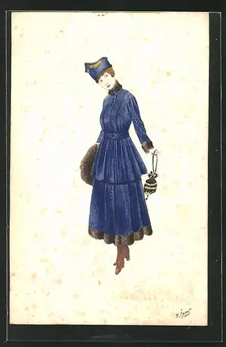 Künstler-AK Handgemalt: Frau im Blauen Kostüm mit Hut