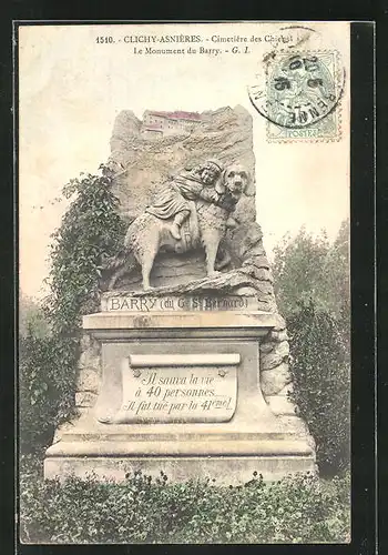 AK Clichy-Asnières, Cimetière des Chiens, Le Monument du Barry, Grabstein für einen Hund, Friedhof