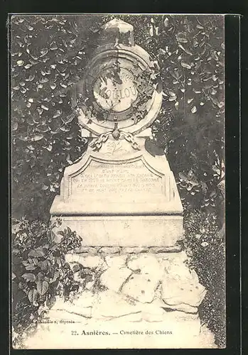 AK Asnières, Cimetière des Chiens, Grabstein auf einem Hunde-Friedhof