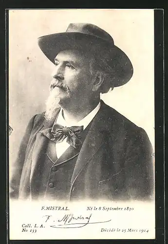 AK Dichter Frederic Mistral mit Anzug und Hut, Halbportrait