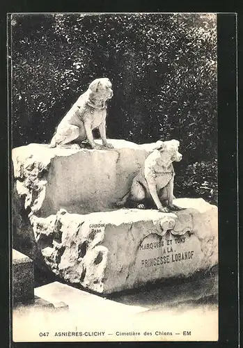 AK Asnières-Clichy, Cimetière des Chiens, Grabstein auf einem Hunde-Friedhof