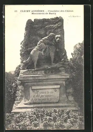 AK Clichy-Asnières, Cimetière des Chiens, Monument de Barry, Grabstein auf einem Hunde-Friedhof