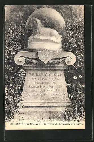 AK Asnières-Clichy, Intérieur du Cimetière des Chiens, Grabstein auf einem Hunde-Friedhof