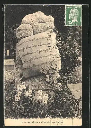 AK Asnières, Cimetière des Chiens, Grabstein auf dem Hunde-Friedhof