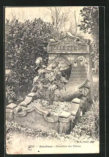 AK Asnières, Cimetière des Chiens, Grabstein für einen Hund namens Follette, Friedhof