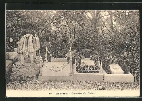 AK Asnières, Cimetière des Chiens, Grabsteine auf einem Hunde-Friedhof