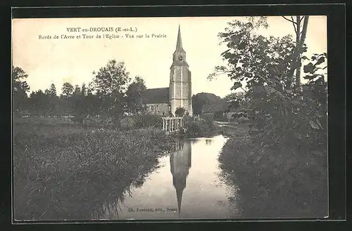 AK Vert-en-Drouais, Bords de l`avre et tour de L`eglise, vue sur la Prairie