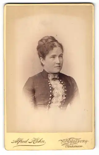 Fotografie Alfred Hahn, Magdeburg, Portrait Frau mit Hochsteckfrisur in bürgerlichem Kleid
