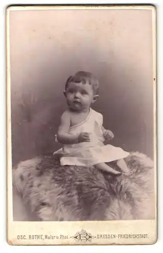 Fotografie Osc. Rothe, Dresden-Friedrichstadt, Portrait Kleinkind im weissen Kleid auf einem Fell