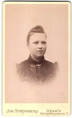 Fotografie Joh. Strömberg, Upsala, Portrait junge Frau mit Kragenbrosche und Hochsteckfrisur