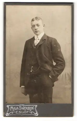 Fotografie Maja Swensson, Eslöf, Portrait charmanter junger Mann mit Scheitel und Krawatte im Anzug