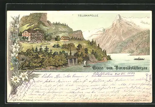 Lithographie Vierwaldstättersee, Tellskapelle und Hotel am See