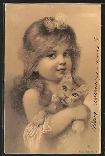 AK Kleines Mädchen mit Katze im Arm
