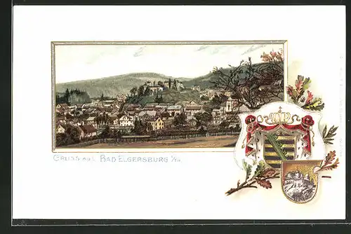 Passepartout-Lithographie Bad Elgersburg i. Th., Blick auf die Ortschaft, Wappen