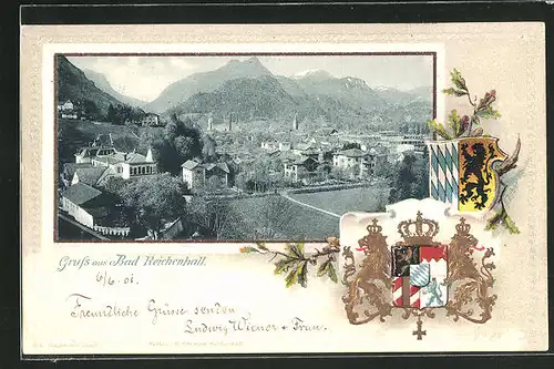 Passepartout-Lithographie Bad Reichenhall, Ortsansicht aus der Vogelschau, Wappen