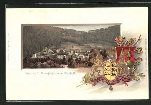 Passepartout-Lithographie Wildbad, Ortspartie mit Kernerstrasse und obere Olgastrasse, Wappen