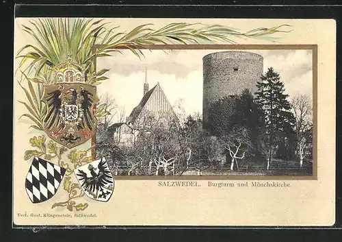 Passepartout-Lithographie Salzwedel, Burgturm und Mönchskirche, Wappen