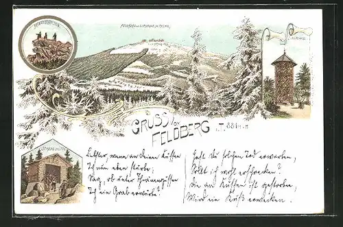 Winter-Lithographie Feldberg i. T., Ortsansicht, Streng-Hütte, Lips-Tempel