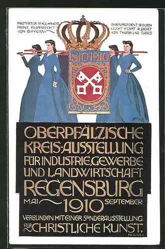 Künstler-AK Regensburg, Oberpfälzische Kreis-Ausstellung für Industrie Gewerbe und Landwirtschaft 1910