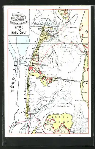 AK Insel Sylt, Landkarte mit Mittelsand, Keithum, Westerland
