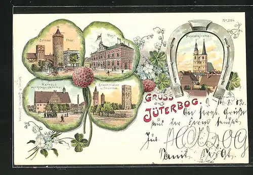 Passepartout-Lithographie Jüterbog, Kleeblatt mit Zinnaer Thor, Post, Rathaus mit Kriegerdenkmal, Stadtmauer