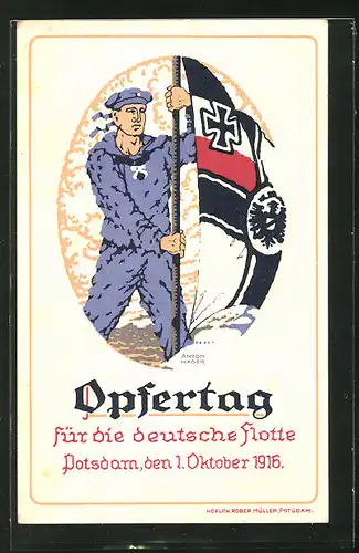 AK Potsdam, Kriegshilfe, Opfertag für die deut. Flotte 1916, Matrose mit Flagge