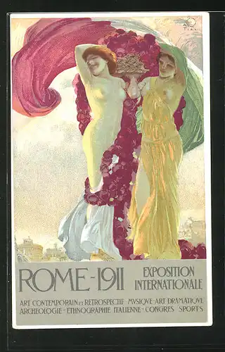 Künstler-AK Terzi: Rome, Exposition Internationale 1911, Art, Musque, Archeologie, Nackte Frauen mit ital. Flagge
